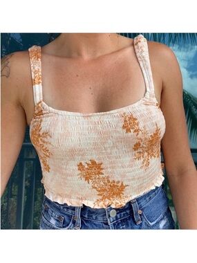 Free People Muted Neutral Smocked Floral Ruffle Tank Top XS